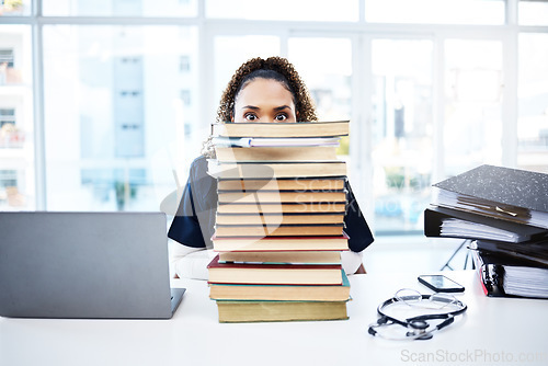 Image of Nurse, portrait or books stack in hospital research, medical student study or medicine scholarship education. Woman, doctor or healthcare university notebook and laptop technology or learning anxiety