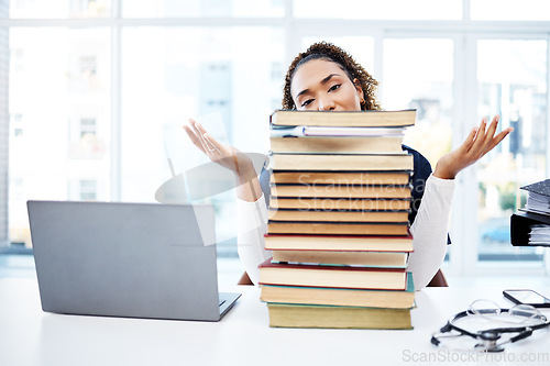 Image of Woman, portrait or books stack in hospital research, medical student study or medicine scholarship in shrugging emoji. Nurse, doctor or healthcare university notebook and laptop or learning questions