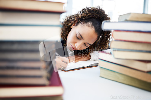 Image of Student, writing or books stack in hospital research, education studying or university learning in medical school. Thinking, woman or healthcare nurse and notebook for medicine internship scholarship