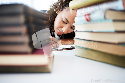 Image of Student, writing or books pile in hospital research, education studying or university learning in medical school. Thinking, woman or healthcare nurse with notebook for medicine internship scholarship