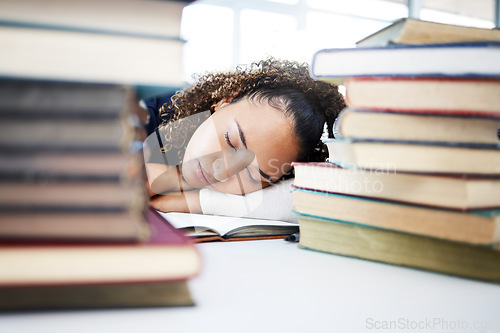 Image of Woman, sleeping or medical student in stress, hospital research burnout or learning books fatigue. Tired, exhausted or asleep healthcare nurse in notebook studying or scholarship medicine internship