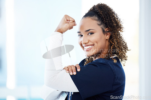 Image of Nurse, portrait or flexing muscle in hospital success, medical trust or empowerment strength on mockup. Smile, happy or doctor in strong bicep for woman healthcare, wellness leadership or motivation