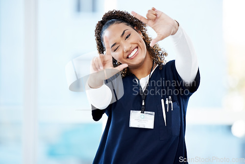 Image of Doctor, portrait or finger frame in hospital about us, medical trust or medicine empowerment on help mock up. Smile, happy or nurse in photography border, hands gesture or woman healthcare wellness