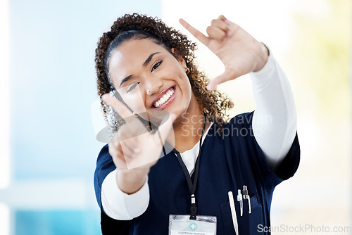 Image of Nurse, portrait or finger frame in hospital about us, medical trust or medicine empowerment on help mock up. Smile, happy or doctor in photography border, hands gesture or woman healthcare wellness