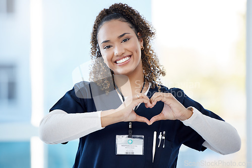 Image of Nurse, portrait or heart hands in hospital wellness, medicine trust or medical support in life insurance, help or vote. Smile, happy or doctor with love gesture in healthcare, emoji or woman security