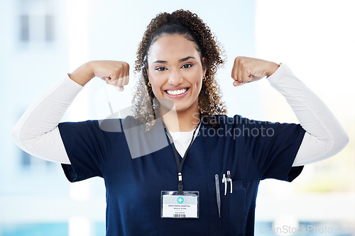 Image of Doctor, portrait or flexing muscle in hospital success, medical trust or empowerment strength on mockup. Smile, happy or nurse in strong biceps for woman healthcare, wellness leadership or motivation