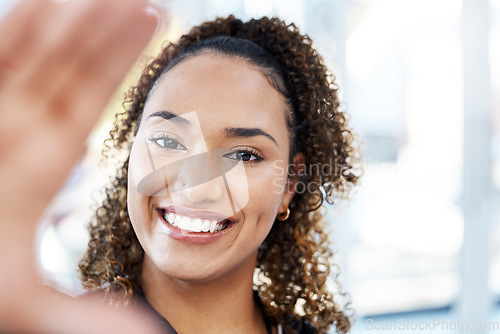 Image of Woman, doctor or portrait selfie in hospital pov, about us or profile picture for social media help. Zoom, smile or happy nurse in photography for face ID, healthcare identification or medicine trust