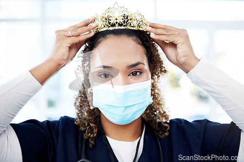 Image of Crown, award and portrait of a doctor with a face mask for celebration, achievement and promotion. Success, winner and female nurse with a gift as motivation for nursing and healthcare with covid