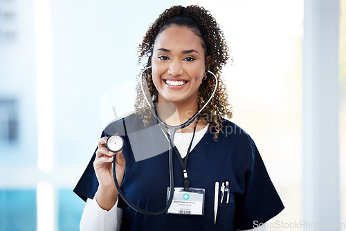 Image of Nurse, portrait or stethoscope check at hospital mockup for cardiovascular, asthma lungs or woman heart wellness. Smile, happy or healthcare worker and medical equipment for surgery doctor consulting