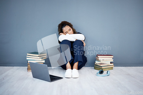 Image of Nurse, stress and medical student depression on laptop, research books or hospital fatigue in learning burnout. Tired, sad and healthcare woman by technology in medicine internship anxiety on mock up
