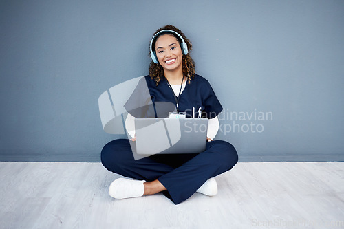 Image of Portrait, laptop or headphones of hospital music, podcast or radio in woman study research or mock up nurse learning. Smile, happy or medical student on technology and listening to healthcare audio