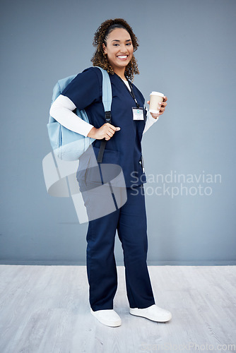 Image of Woman, portrait or backpack for medical school, hospital internship goals or medicine university dream. Smile, happy or nurse with coffee on isolated mockup for education with learning bag for study