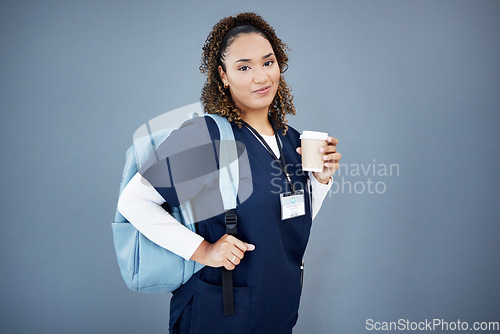 Image of Nurse, portrait or backpack for medical student, hospital internship or medicine university on isolated wall mockup. Smile, happy or doctor and coffee, ideas or healthcare goals for woman learning