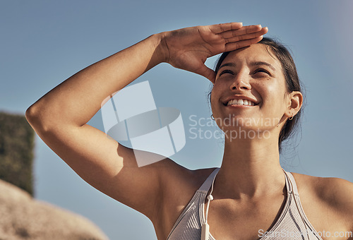 Image of View, fitness and woman relax in nature after training, running or exercise. Sports, peace and happy female athlete resting alone outdoors after hiking, trekking or workout for health and wellness.