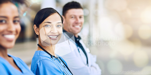 Image of Doctor, team and portrait smile on mockup for healthcare, help advise or consultation at hospital. Happy medical professionals smiling in teamwork, collaboration or life insurance on bokeh background