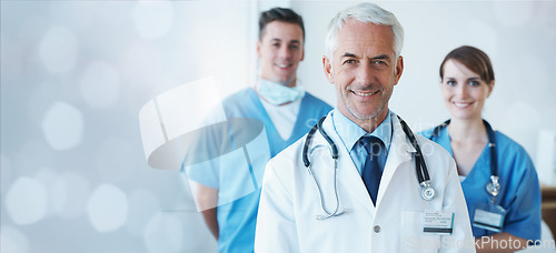 Image of Healthcare, banner and portrait of doctors for a consultation, medicine promotion and insurance. Hospital team, medical and clinic employees smiling for cardiology, professional services and medicare