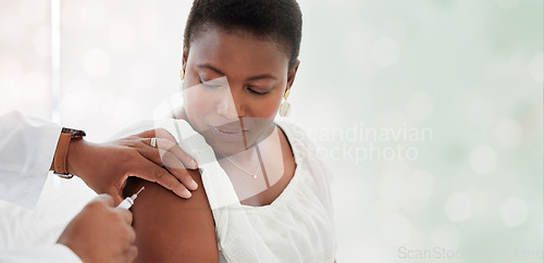 Image of Black woman, covid vaccine injection and mockup space in hospital with doctor, nurse and blurred background. African patient, medic and medical mock up for healthcare, wellness and public service