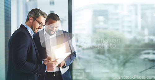 Image of Tablet, collaboration and mockup with a business man team in an office for strategy or planning meeting. Corporate, teamwork or management with a male employee and colleague at work as a partnership