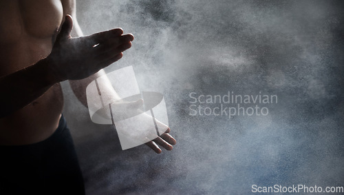 Image of Magnesium, chalk and bodybuilder hands preparing for a workout or weight training at the gym. Fitness, talc and male athlete getting ready for bodybuilding exercise in sports center with mockup space