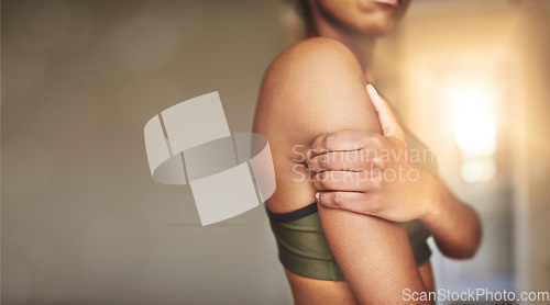 Image of Mockup, exercise and black woman with shoulder pain, muscle strain and fitness with tension, accident and injury. African American female, lady and athlete with ache and inflammation after training