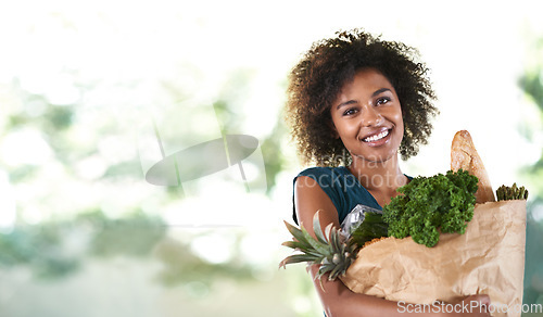 Image of Black woman, grocery shopping and mockup portrait with space, blurred background and happy for discount. African customer girl, vegetables and fruit in mock up with smile, excited and retail sale