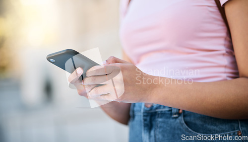 Image of Phone, woman hands and mobile communication of a person doing urban travel with 5g connection. Digital gps, hand and zoom of a young person on social media or reading a text with blurred background