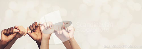 Image of Hands, friends and holding hands with diversity and trust, pinky promise and mockup space on studio background. Team, support and solidarity with bokeh overlay, winning and people with connection