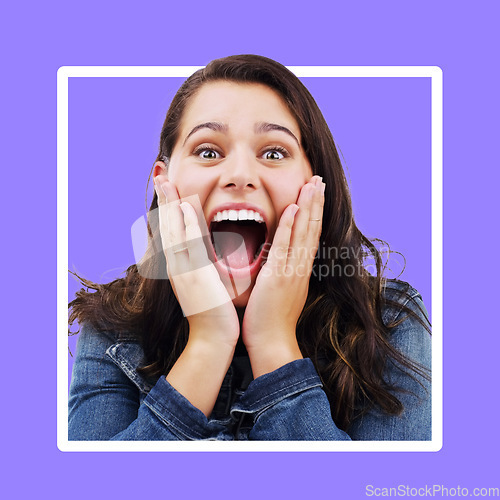 Image of Portrait, surprise and frame with a woman on a purple background in studio for wow, omg or wtf expression. Face, shock and announcement with an attractive young female feeling surprised at good news