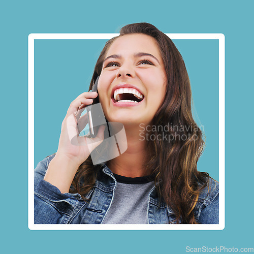 Image of Frame, phone call and woman with smile, connection and laughing with girl on blue studio background. Female, lady or smartphone for communication, chatting or talking with happiness, cheerful or joy