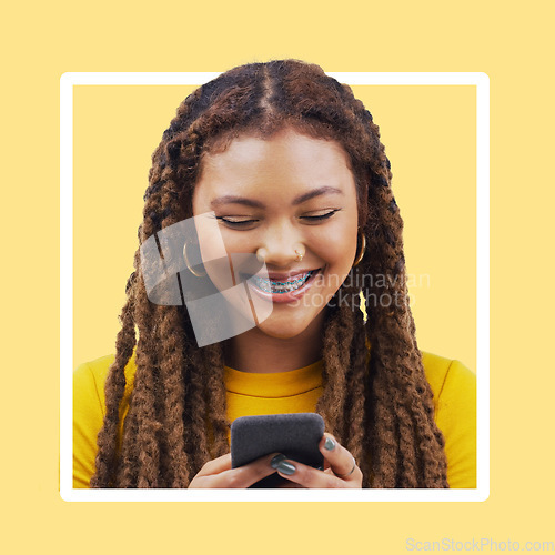 Image of Frame, black woman and smartphone for social media, online reading and smile on studio background. Border, African American female and girl with cellphone, connection and typing for text and chatting