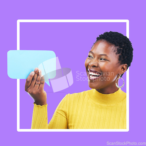 Image of Social media, chat and black woman with a speech bubble for communication isolated on a background. Mockup, review and laughing African girl holding a board for news, a voice and announcement