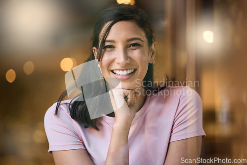 Image of Woman, face and happy portrait with bokeh mockup space for motivation, mindset and kindness. Face of model person with smile for advertising positivity, happiness and free time in cafe or coffee shop