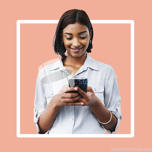 Image of Social media, chat and woman on a phone for connection isolated on a digital studio background. Creative, communication and girl typing on a mobile for contact update on a wallpaper backdrop