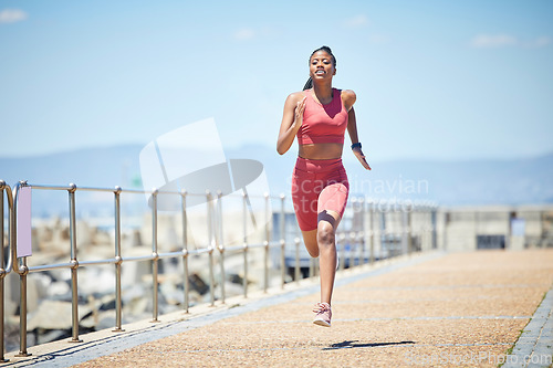 Image of Black woman, running and fitness with run outdoor, athlete with cardio, speed and training for marathon on bridge. Runner, active and sports with workout, exercise and health with mockup space