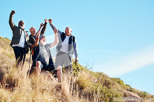 Image of Men, senior and hiking success in nature, celebration and victory, cheering and happy on blue sky background. Elderly, friends and man hiker group celebrating achievement, freedom and exercise goal