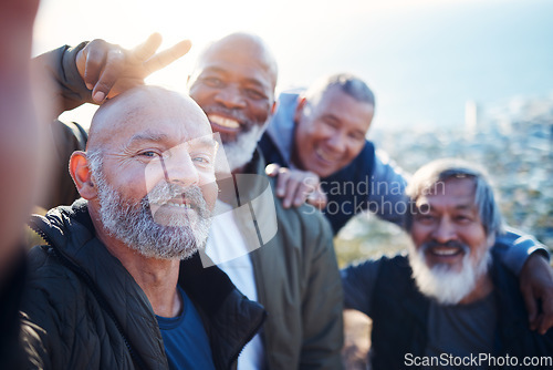 Image of Senior hiking, selfie and nature exercise of elderly men together with peace sign. Friends, trekking adventure and happiness of old people outdoor for health, wellness and fitness on a journey