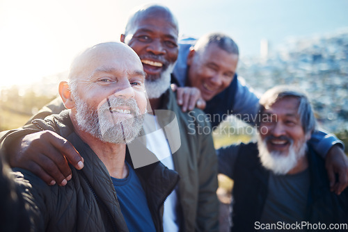 Image of Senior hiking, selfie and nature walk of elderly men smile together in retirement. Friends, trekking adventure and happiness of old people outdoor for health, wellness and fitness on a journey