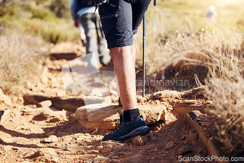 Image of Closeup, legs and hiker in nature, fitness and exercise for wellness, fresh air and on summer vacation. Zoom, leg and athlete outdoor, hiking and workout in the wilderness for health and adventure