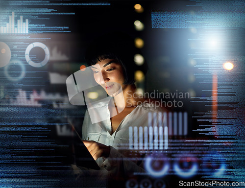 Image of Overlay, analytics and information technology with a woman programmer working in a dark office for cyber security. Data, software or 3d with a female employee using a ux interface for finance trading