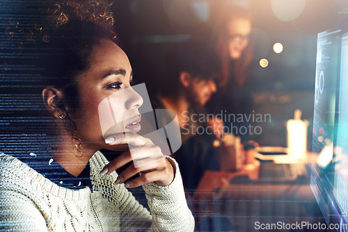 Image of Thinking, futuristic overlay and black woman on computer for online finance, fintech and data analysis. Digital transformation, software overlay and face of girl for financial analytics on 3d screen