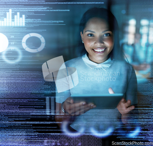 Image of Futuristic overlay, tablet and portrait of woman with smile for website, data analysis and networking. Digital transformation, fintech and girl with tech user interface, cyber hologram and 3d screen