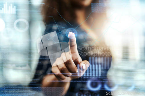 Image of Hologram data, pointing and hand of woman on future dashboard, ui dashboard or stock market analytics. African investment chart, overlay and trader with holographic NFT, bitcoin or forex trading ai