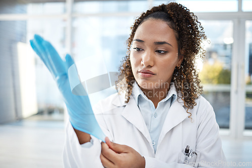 Image of Black woman, science and medical research, gloves and hand, scientific innovation with safety and health science. Healthcare, doctor and investigation, forensic analysis with test, experiment and PPE