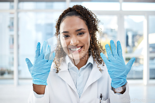 Image of Black woman, science and research, gloves and hands, smile in portrait with safety and health science. Healthcare, doctor and investigation, forensic analysis with scientific innovation, test and PPE