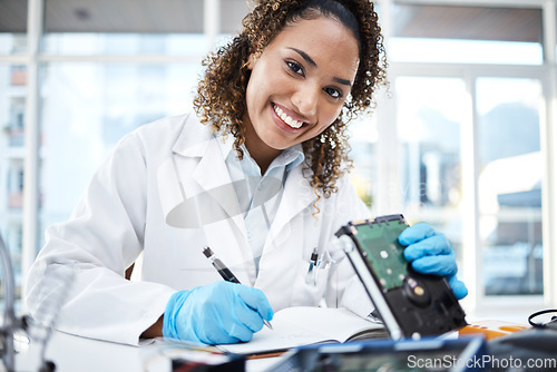 Image of Black woman, lab and computer circuit for portrait in cyber crime investigation, analysis and IT solution. Information technology engineer, notebook and laboratory for programmer, writing and notes