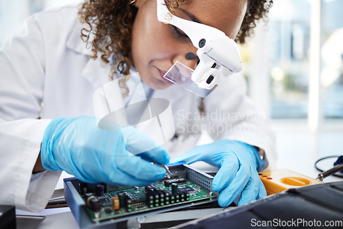 Image of Computer hardware, programming and black woman electrician working on cpu, circuit and microchip. IT maintenance, technology repair and engineer with glasses fix code, motherboard and processor