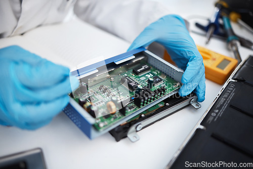 Image of Computer hardware, repair and hands of engineer working on electronic cpu, circuit and microchip. Information technology maintenance, programming and electrician fix coding, motherboard and processor