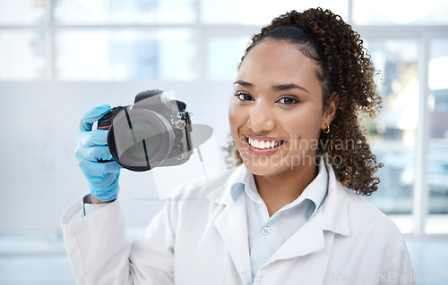 Image of Camera, medical and portrait of black woman in forensics laboratory for investigation, crime scene and evidence. Research, analytics and observation with girl and digital pictures for science