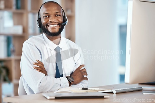 Image of Customer support portrait, computer consulting and black man telemarketing on contact us CRM or telecom. Call center communication, online ecommerce or information technology consultant on microphone