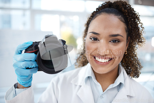 Image of Camera, photography and portrait of black woman in forensics laboratory for investigation, crime scene and evidence. Research, analytics and observation with girl and digital pictures for science